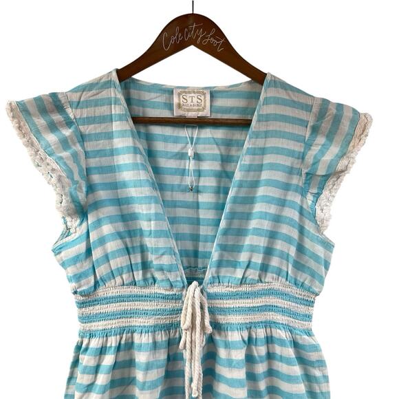 STS Sail To Sable Blue Striped Dress Medium Nautical Tie Waist 100% Cotton - Picture 2 of 7